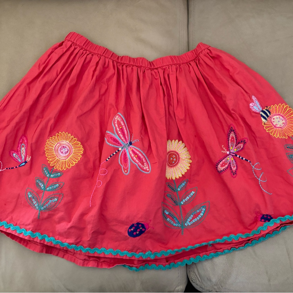 Monsoon Redish-Orange Skirt with Embroidered Flowers, Butterflies and Bumblebees